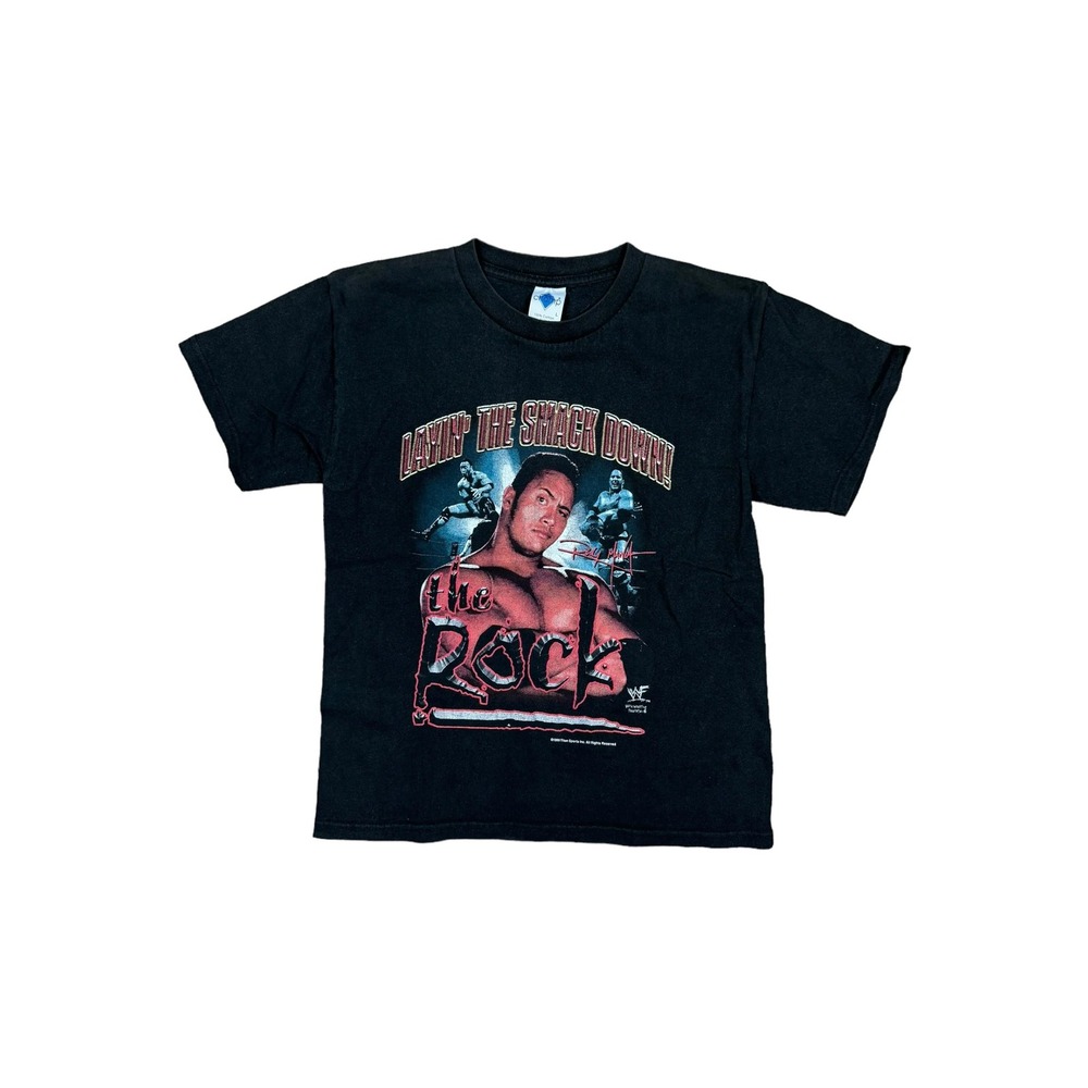 WWF The Rock T Shirt Kids L Black Excellent 1999 Layin The Smack Down Vintage